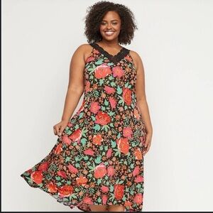 LANE BRYANT Dark Floral Crochet V-neck Sleeveless Maxi Dress Liquid Knit…